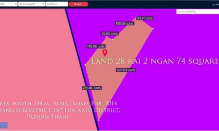 ขายที่ดิน - ขายที่ดิน28ไร่2งาน74ตารางวา พื้นที่สีม่วง หน้ากว้าง 234ม. ถนนทางหลวงชนบท ปท.3014 ตำบล คูขวาง อำเภอลาดหลุมแก้ว ปทุมธานี