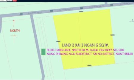 ขายที่ดิน - ที่ดิน2ไร่3งาน ถมแล้ว พื้นที่สีเขียว หน้ากว้าง 68ม. ถนนทางหลวงชนบท นบ.5010 ตำบล หนองเพรางาย อำเภอไทรน้อย นนทบุรี