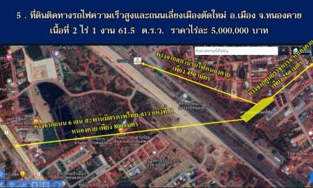 ขายที่ดิน - ขายที่ดินติดทางรถไฟความเร็วสูงและถนนเลี่ยงเมืองตัดใหม่ อ.เมือง จ.หนองคาย เนื้อที่ 2 ไร่ 1 งาน 61.5 ต.ร.ว. ราคาไร่ละ 5,000,000 บาท