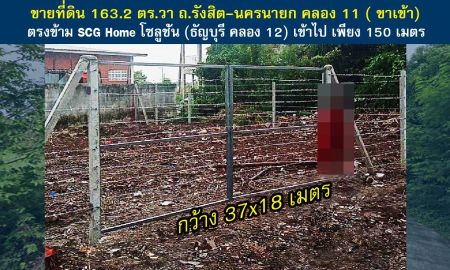ขายที่ดิน - ขายที่ดิน ถนนรังสิต- นครนายก คลอง 11 ( ขาเข้า) 163.2 ตร.วา ซอย ตรงข้าม SCG Home โซลูชั่น (ธัญบุรี คลอง 12) เข้าไป เพียง 150 เมตร