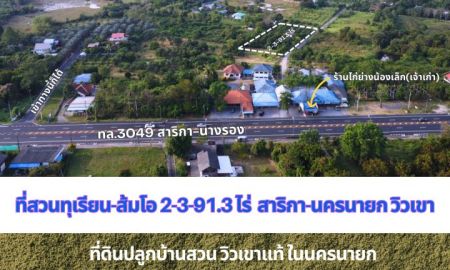 ขายที่ดิน - Rare Item! ขายที่ดินสวนทุเรียน-ส้มโอ วิวเขาโอบล้อม (เก็บผลได้แล้ว) พิกัดสาริกา-นครนายก ใกล้ถนนใหญ่เพียง 130 ม.