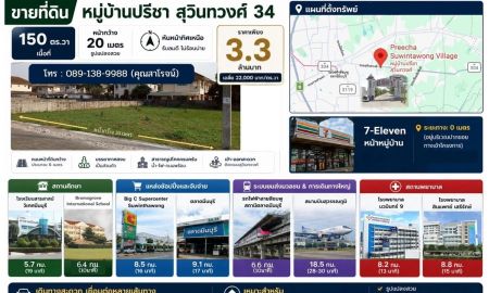 ขายที่ดิน - ขายที่ดินเปล่า 150 ตร.ว. หมู่บ้านปรีชา สุวินทวงศ์ 34 หน้ากว้าง 20 เมตร ทิศเหนือ
