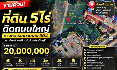 ขายที่ดิน - ขายที่ดิน 5 ไร่ ติดถนนใหญ่ ทางหลวงหมายเลข 304 กบินทร์บุรี จ.ปราจีนบุรี ทำเลศักยภาพ เหมาะลงทุน พัฒนาโครงการ หรือทำธุรกิจ