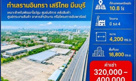 ให้เช่าที่ดิน - ตลาดมีนบุรี 2.2 กม. ที่ดินเทคอนกรีตแล้ว โกดัง 10.8ไร่ โรงงาน มี รง.4 16,800 ตร.ม. ถนนรามอินทรา เสรีไทย