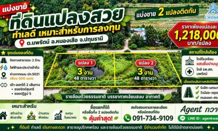ขายที่ดิน - ขายที่ดินแปลงสวย ทำเลดี แบ่งขาย 2 แปลงติดกัน เนื้อที่ 3 งาน 48 ตารางวาตำบลนพรัตน์ อำเภอหนองเสือ จังหวัดปทุมธานี