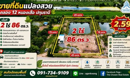 ขายที่ดิน - ขายที่ดินแปลงสวย คลอง 12 ต.นพรัตน์ อ.หนองเสือ จ.ปทุมธานี เนื้อที่ 2 ไร่ 86 ตารางวา