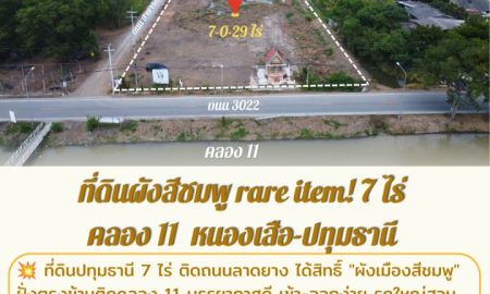 ขายที่ดิน - หายาก! ที่ดินผังสีชมพู 7 ไร่ ติดถนนใหญ่คลอง 11 หนองเสือ ปทุมธานี