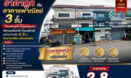 ขายอาคารพาณิชย์ / สำนักงาน - ราคาถูกกับอาคารพาณิชย์ 3ชั้น โซนเศรษฐกิจ ในแหล่งชุมชน ติดถนนเส้นหลัก โครงสร้างดี หน้ากว้างถึง 4.5ม. โซนสามเหลี่ยม เมืองขอนแก่น