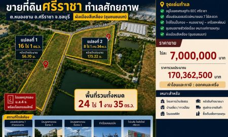 ขายที่ดิน - ขายที่ดินศรีราชา 24 ไร่ 1 งาน 35 ตร.ว. ต.หนองขาม ใกล้มอเตอร์เวย์สาย 7 หน้ากว้าง 175 ม. ผังเมืองสีเหลือง