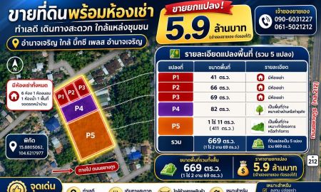 ขายที่ดิน - ขายที่ดินพร้อมบ้านเช่า 6 หลัง ติดบิ๊กซีอำนาจ เจ้าของขายเอง