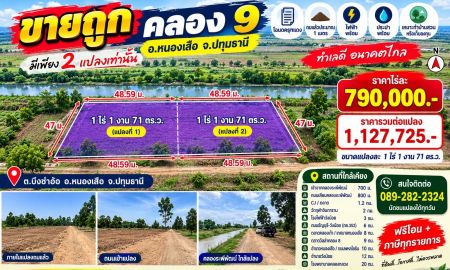 ขายที่ดิน - ขายถูกกว่าราคาประเมิน ที่ดินแปลงใหญ่ คลอง 9 หนองเสือ ราคาไร่ละ 790,000 บาท มีเพียง 2 แปลง
