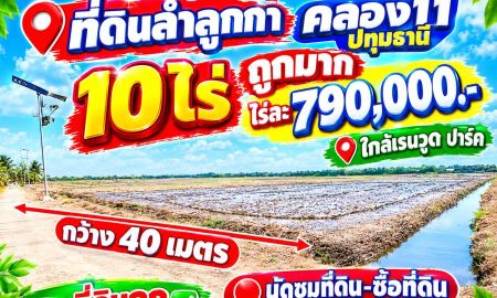 ขายที่ดิน - ที่ดินลำลูกกา คลอง11 ปทุมธานี 10 ไร่ ถูกมาก ไร่ละ 790,000.- (ใกล้เรนวูด ปาร์ค)