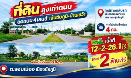 ขายที่ดิน - ที่ดินสูงเท่าถนน ติดถนน2ด้าน หน้ากว้างมากติด 4 เลนส์ เส้นชัยภูมิ-บ้านเขว้า ใกล้ที่กลับรถ สหกรณ์ออมทรัพย์สาธารณสุขชัยภูมิ
