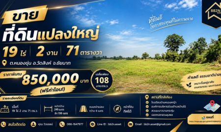 ขายที่ดิน - ขายที่ดินเปล่า 19 ไร่ 2 งาน 71 ตารางวา ต.หนองขุ่น อ.วัดสิงห์ จ.ชัยนาท 850,000 ฟรีค่าโอน