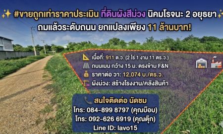 ขายที่ดิน - ขายถูกเท่าราคาประเมิน ที่ดินผังสีม่วง 911 ตร.ว. นิคมโรจนะ 2 อยุธยา ถมแล้วระดับถนน ยกแปลงเพียง 11 ล้านบาท! (วาละ 12,074 บ. / ค่าโอนคนละครึ่ง)