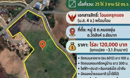 ขายที่ดิน - ขายที่ดินชัยนาท 25 ไร่ 3 งาน 52 ตร.ว. อำเภอวัดสิงห์ ทำเลดี ติดถนน 2 ด้าน โฉนดครุฑแดง