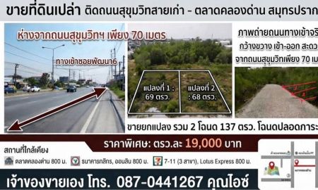 ขายที่ดิน - ขายที่ดินเปล่า นส4 มี2แปลง 68,69 ตรว. ล้านต้นๆ ที่ดินห่างจากถนนสุขุมวิทสายเก่าเพียง70 เมตร
